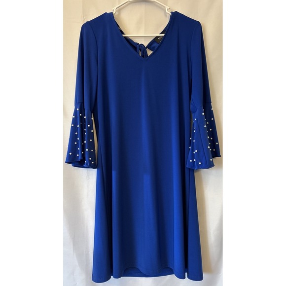 MSK Dresses & Skirts - MSK Shift Dress Royal Blue Pearl Trim Bell Sleeves Stretch Keyhole Formal Party